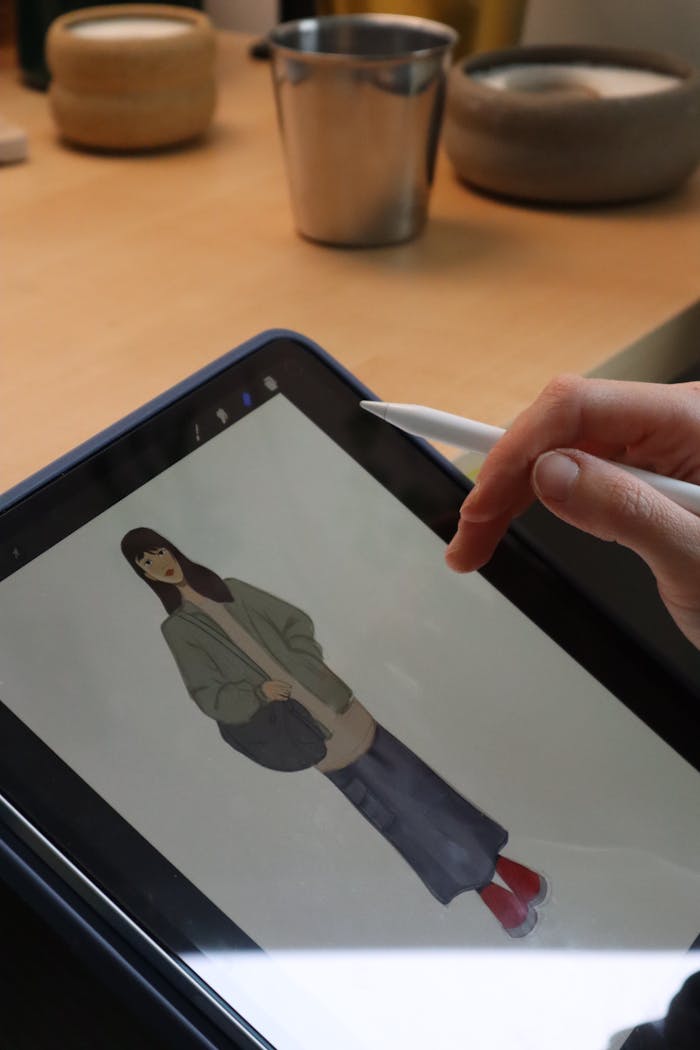 A person draws a character on a tablet using a stylus in a cozy workspace.